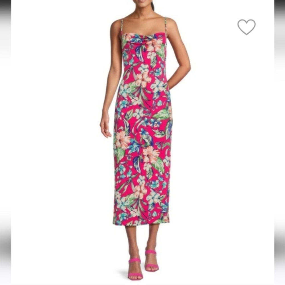 BEBE Cowl Neck Floral Midi Dress Size Med Hot Pink With Floral Pattern